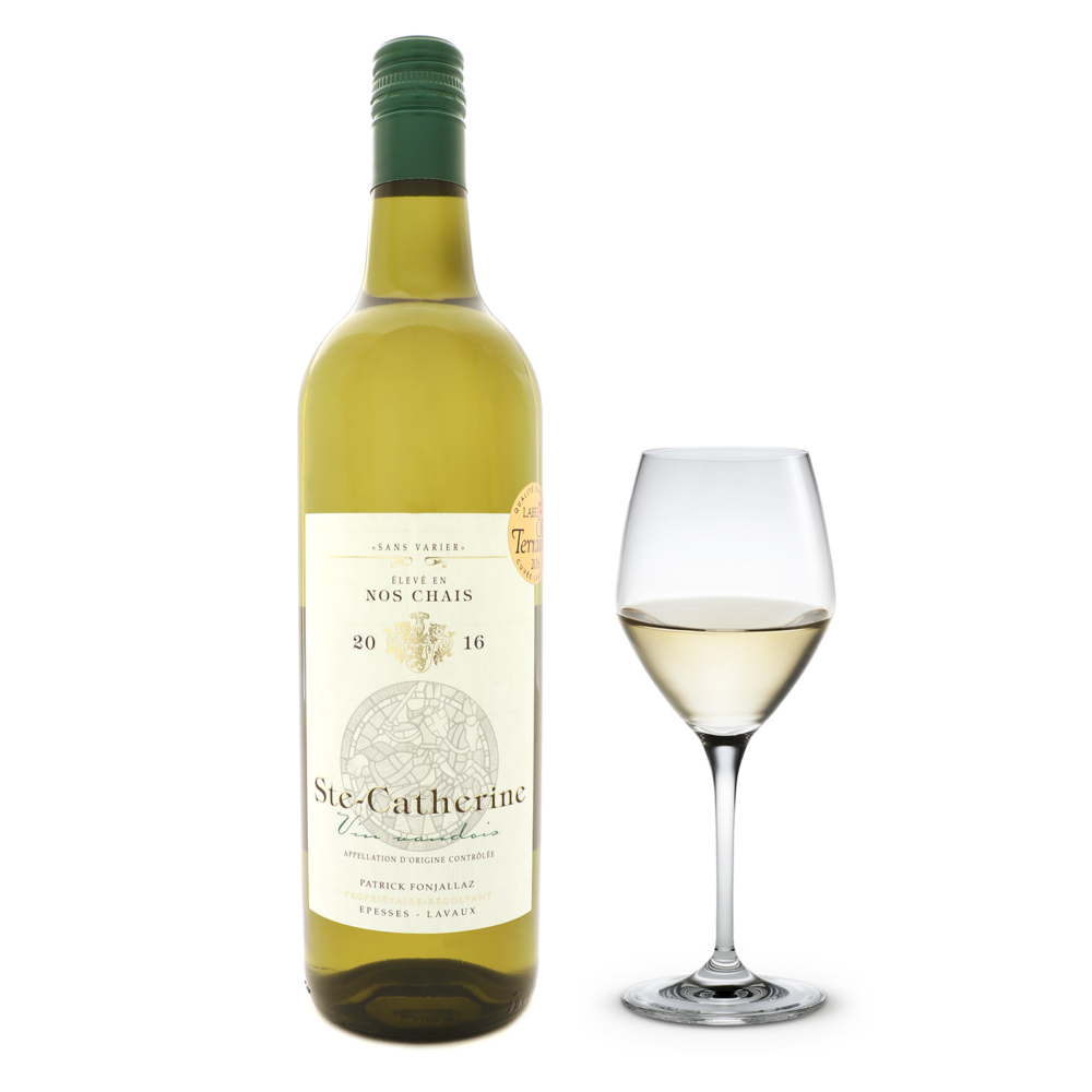 Bouteille de vin blanc suisse de Lavaux Sainte-Catherine élevé en chais Epesses du Clos de la République Domaine de Patrick Fonjallaz